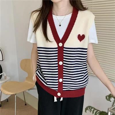 Striped V-neck Knitted Vest Women Tank Top Loose Sweater 2023 Autumn Sleeveless Korean Women Outwear Sweater Cardigan Vest