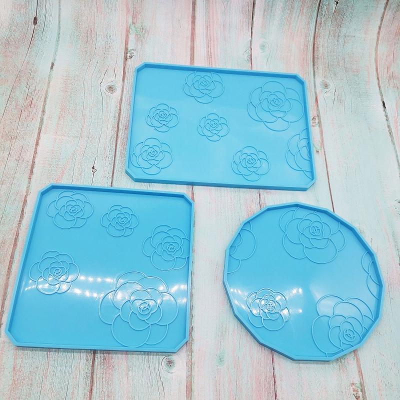 Quadratische Runde Tassenmatte Silikonform Kamelienmuster Untersetzerformen Tassenablage Gussformen für Harzmattenherstellung DIY-Basteln