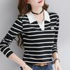 Spring Autumn Polo-neck Striped Printing Patchwork T-shirt Women Long Sleeve Vintage All-match Pullover Tee Top