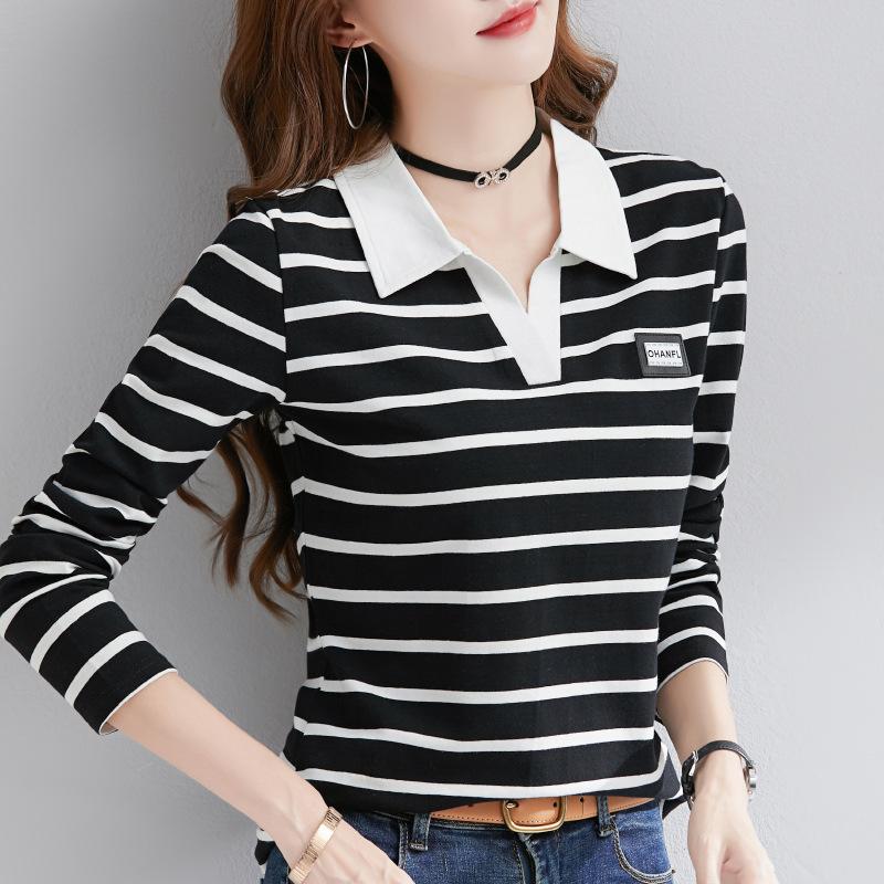 Spring Autumn Polo-neck Striped Printing Patchwork T-shirt Women Long Sleeve Vintage All-match Pullover Tee Top