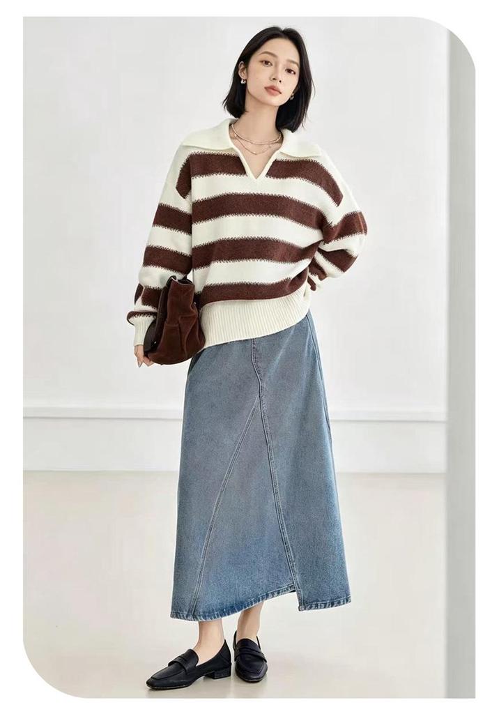 Korean Style Color Block Striped Wool Knit Pullover - Women's Loose Long Sleeve Sweater for Autumn/Winter