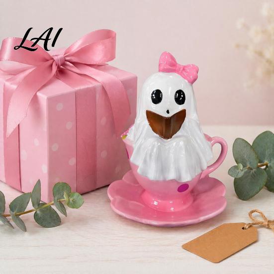 Unique Halloween Gift for Girls Reading Ghost Figurine Pink Teacup Statue Resin Small Spooky Ornament Women Sculpture Home Office Party Desktop