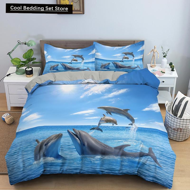 Ocean Dolphin Duvet Cover King Queen Size Cute Dolphin Jumping In The Blue Sea Bedding Set Children 3D Animal Sunset Quilt Cover