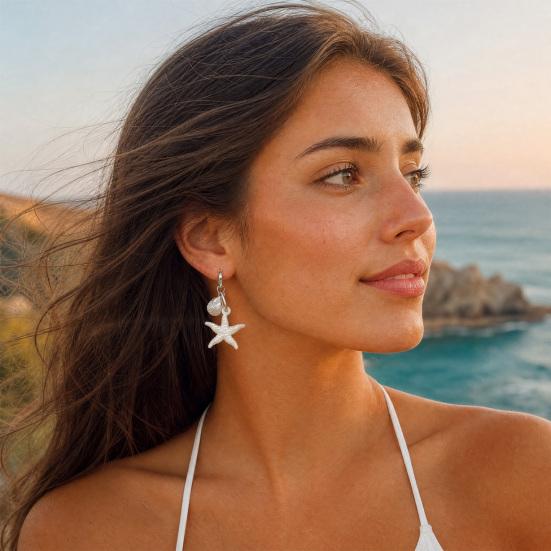 1 Pair Women Earrings, Starfish Shell Charm Long Tassel Earrings, Imitation Pearl Texture Ear Buckle Design Leverback Earrings for Summer Jewelry Gift
