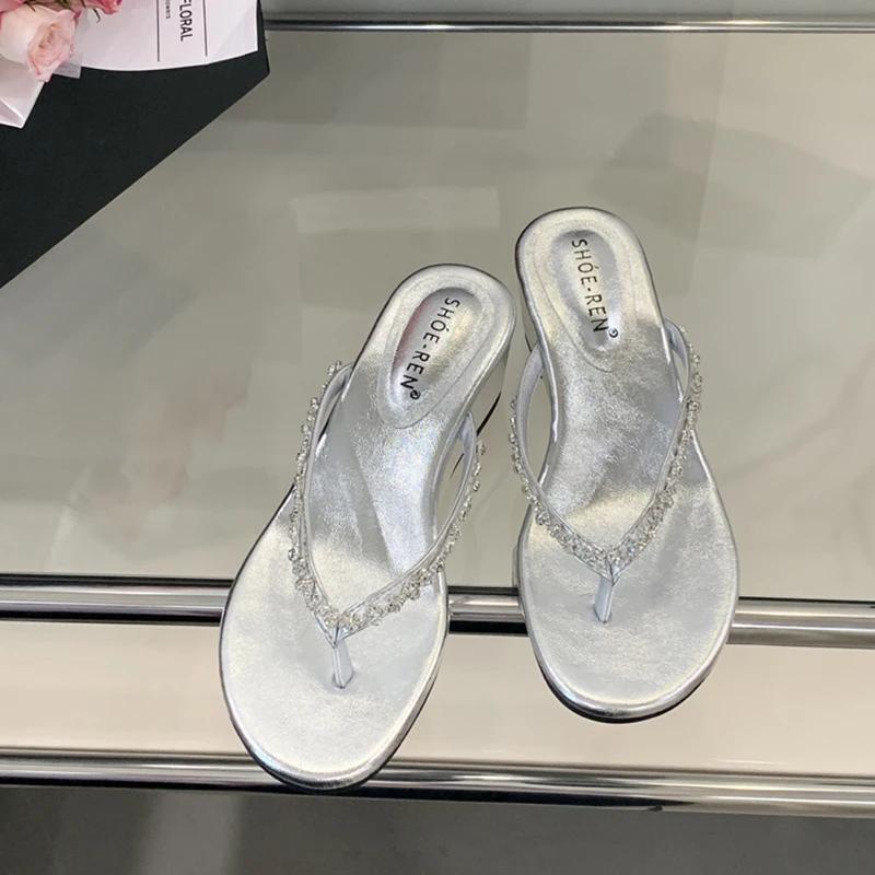 Fashion 2025 New Summer Women Crystal Clip Toe Slippers Fashion Wedges Heel Slide Ladies Elegant Street Style Flip Flop Shoes