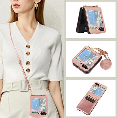 New Model Is Suitable for Samsung Z Flip5 Mobile Phone Case Folding Flip4 Crossbody Mobile Phone Leather Case Card Protection Case