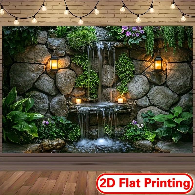 VIKAMA Courtyard Secret Realm Waterfall Tapestry Stone Wall Green Plants Living Room Background Wall Room Decoration