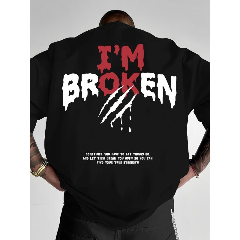 Europejski Rozmiar T-shirt Plus Size z Nadrukiem Sloganu 'I'M BROKEN', Rękawy Raglanowe, Na Lato, Outdoor, Oddychający i Wygodny, Lekko Obniżony Krój Ramion