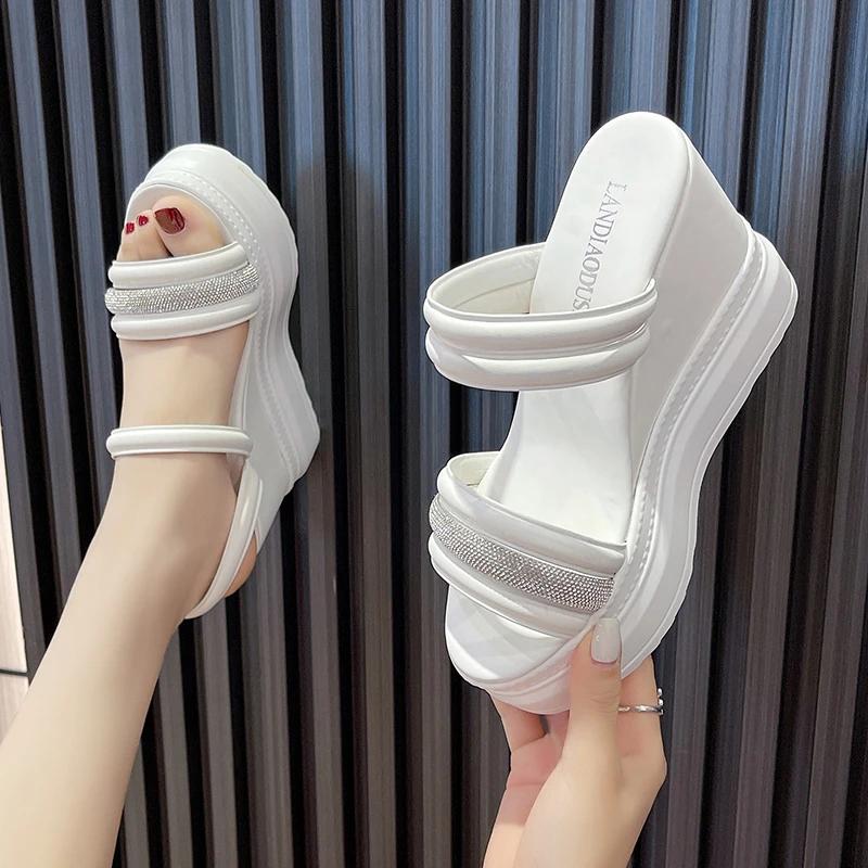 11,5 cm Sommar Peep Toe Kilsandaler För Kvinnor Mode Bling Plattforms Högklackade Casual Gladiator Skor Kvinnlig Toffelsandal