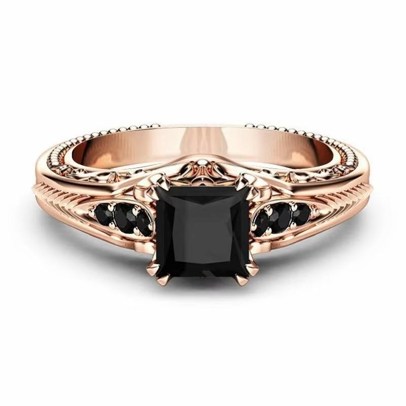 Huajie Women's Classic Black Zircon Geometric Rings Silver Carving Retro Banquet Ring Trendy Tide
