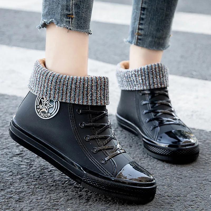 Adult Waterproof PVC Canvas Shoes Women Platform Ankle Rain Boots Outdoor Rain Shoe Ladies Non Slip Plus Cotton Silicone Boots