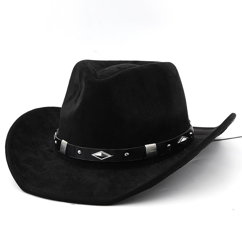 Classic Metal Belt Western Cowboy Hat Autumnwinter Suede Felt Hat for Men and Women Euro-American Top Hat Outdoor Riding Cap