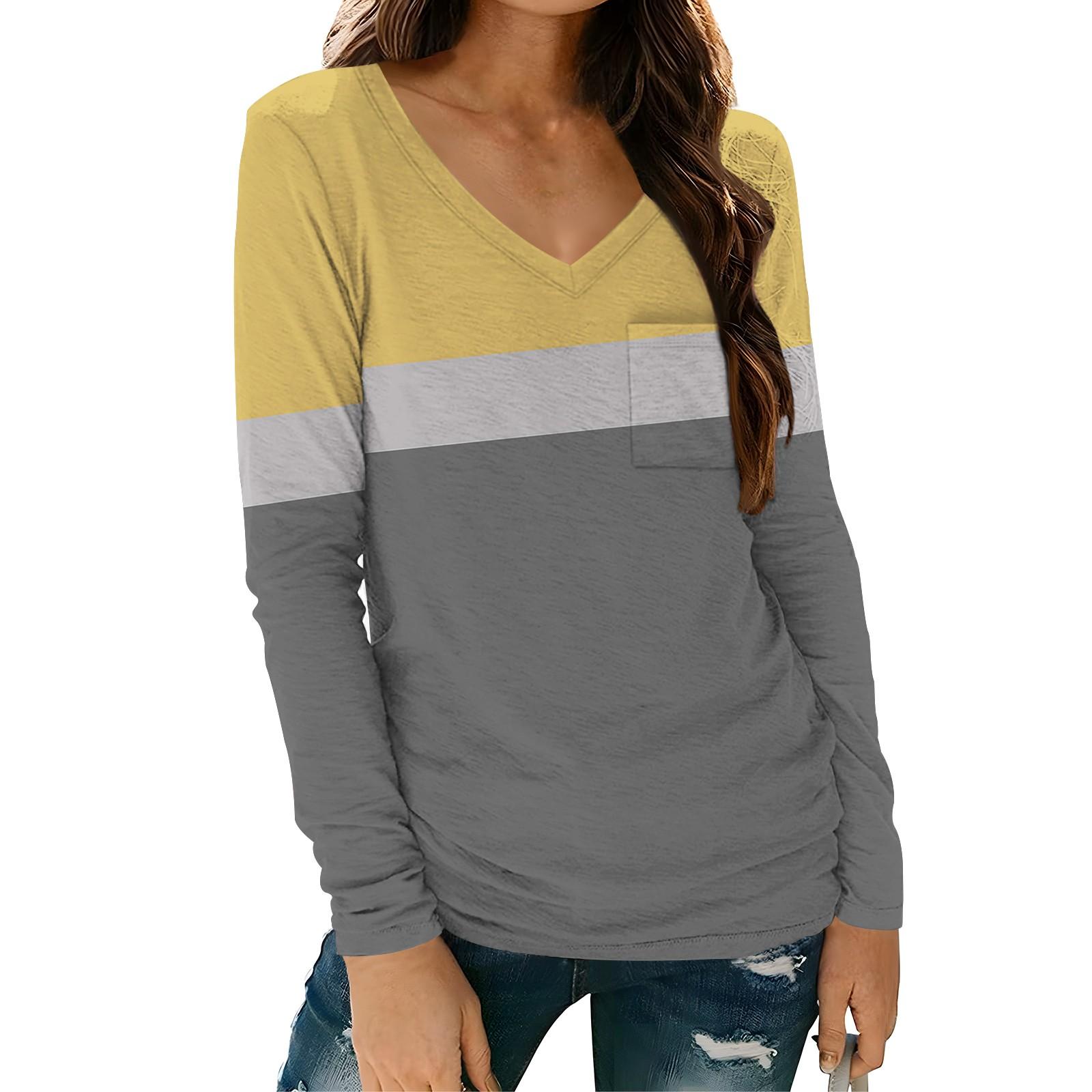 

Женская модная повседневная футболка с длинным рукавом и V-образным вырезом в полоску с принтом и карманом XL жёлтый