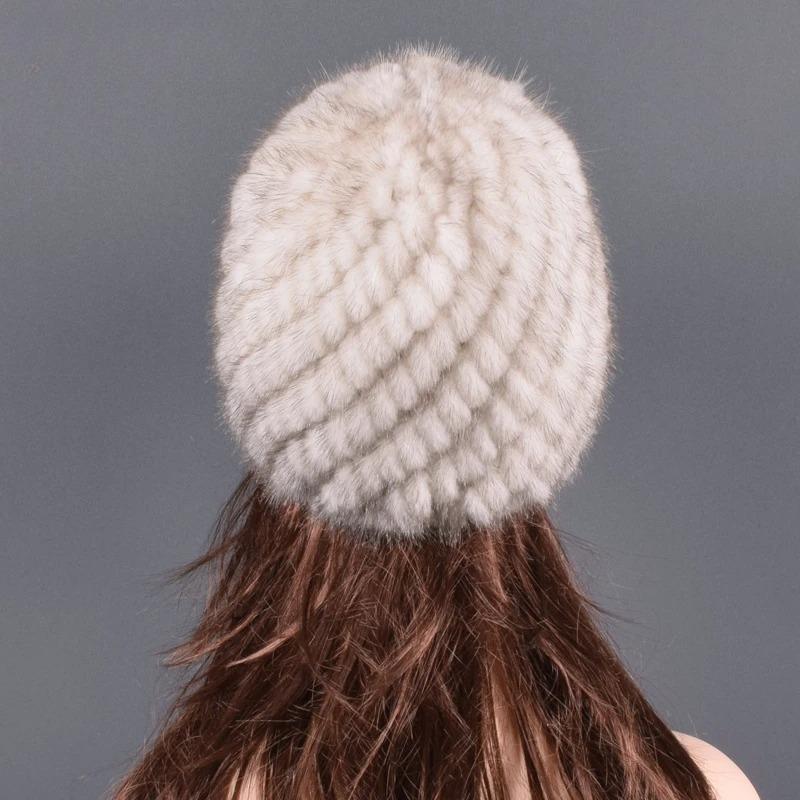 Real Natural Mink Hats for Women Winter Knitting Ear Warm Two-color Match Cap Cross-weave With New Fashion fur hat