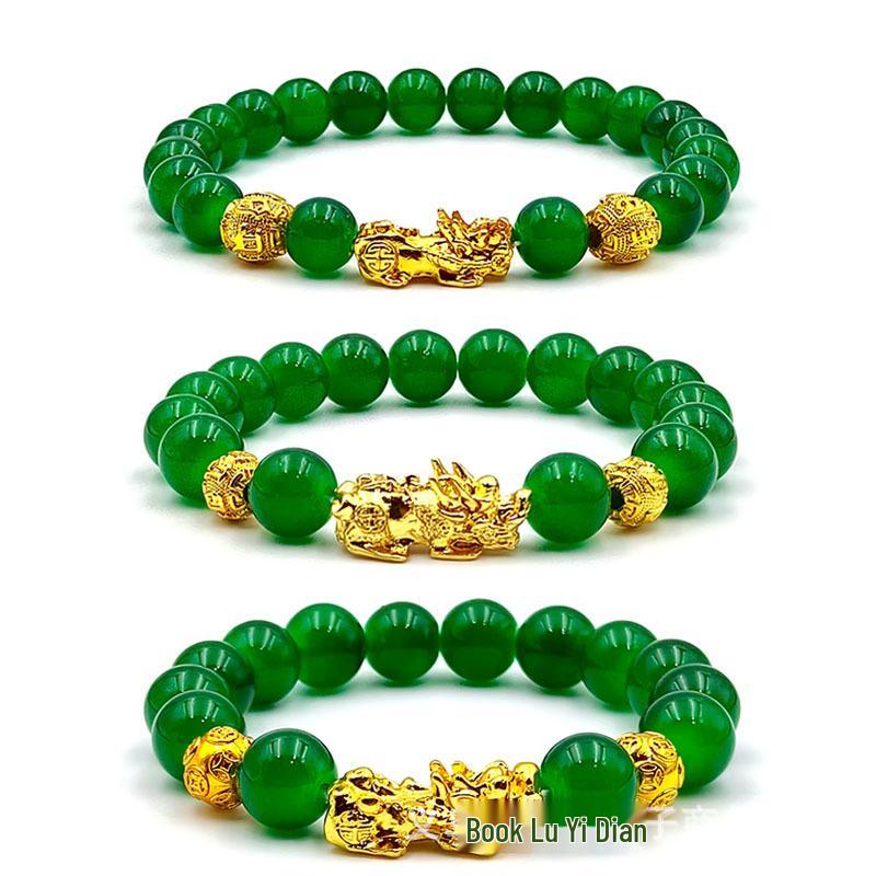 Green Agate Pixiu Wealth Attraction Bracelet - Round Beads Sand Gold Design, Best-Selling Jewelry with Single Circle.