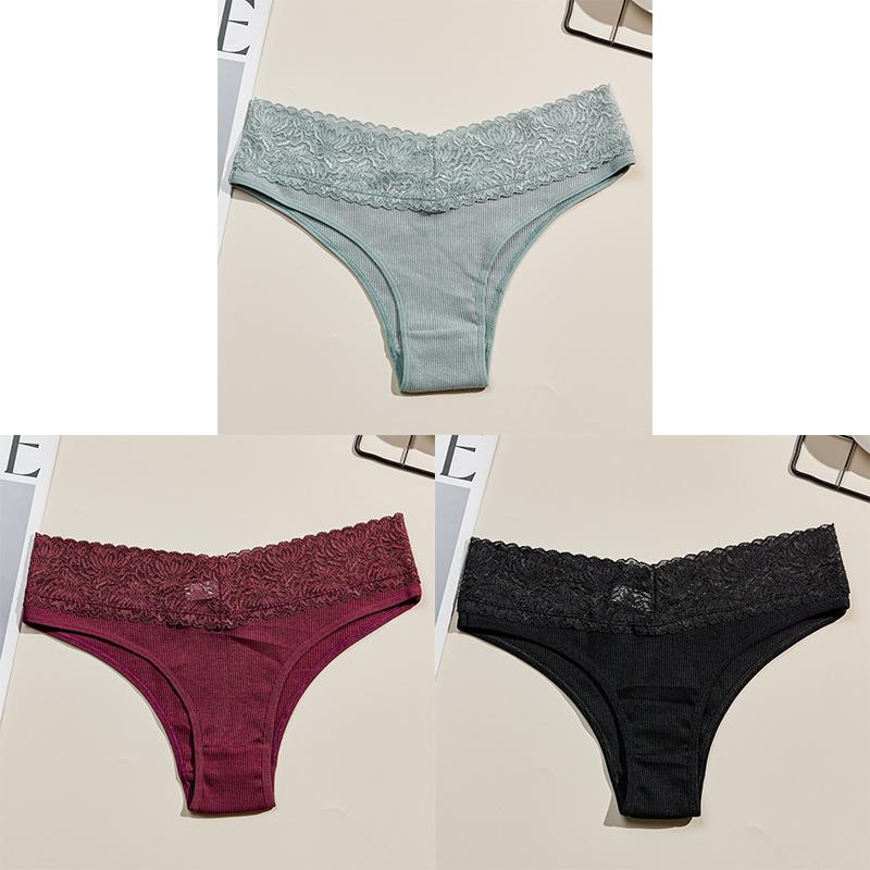 

3PCS Women Lace Seamless Cotton Panties Sexy Breathable Girls Underwear Soft 5 Solid Color Female Underpants Briefs Intimates S 40-55 KG&3pcs