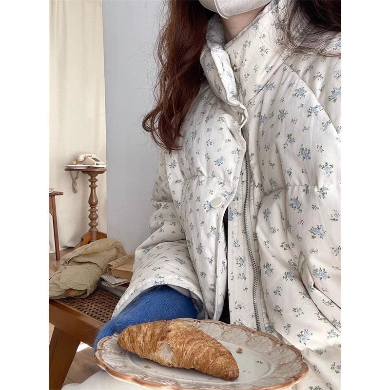

Пуховик женский зимний новый с мелким цветочным принтом короткий хлопковый пуховик свежий и милый воротник-стойка хлебный пуховик XL