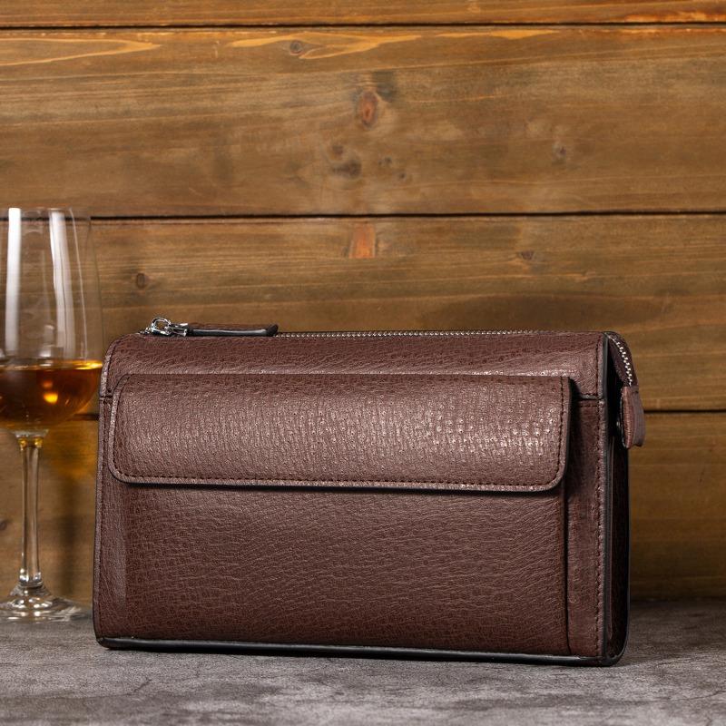 Pochette en cuir pour homme, sac d'affaires grande capacité motif autruche, portefeuille long décontracté multifonction pochette.
