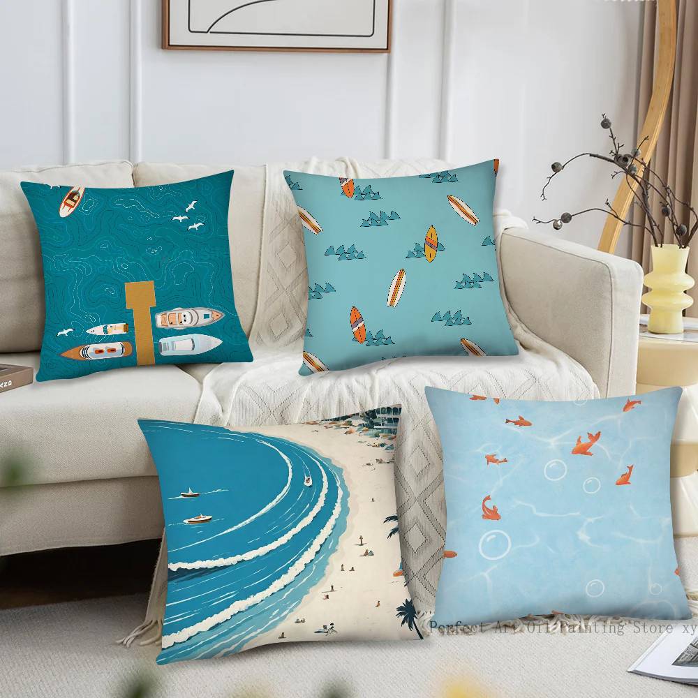 Vintage Maritime Surfing Beach Pillow Case Fashion Square Pillowcase Bedroom Sofa Room Ins Decoration Leisure