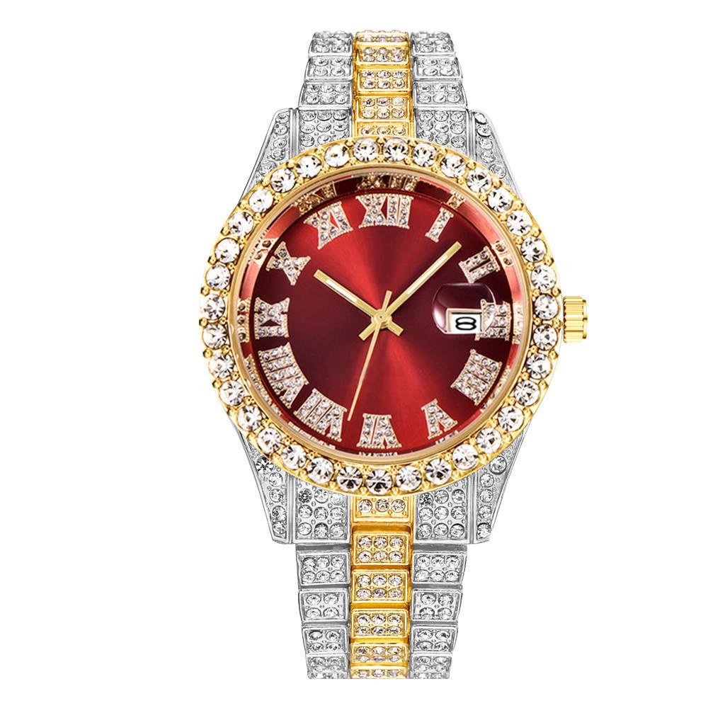 New Men's Full Diamond Steel Band Quartz Watch with Calendar