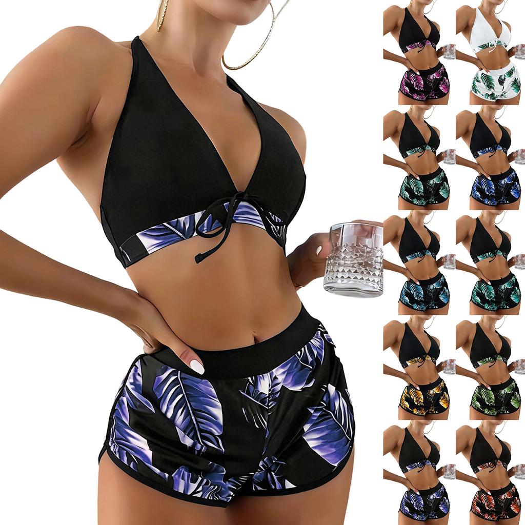 Ladies' Leaf Print Fashionable And Sexy Bikini Three Piece Swimsuit Set