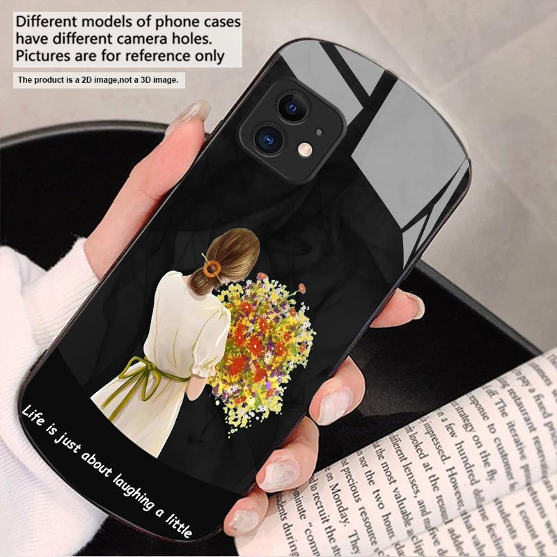 The Girl Holding Flowers For iPhone 17 16 15 14 13 Plus 12 Mini 11 Pro Max XR Xs Max X 7 8 6S 22 20 Elliptical Glass Phone Case