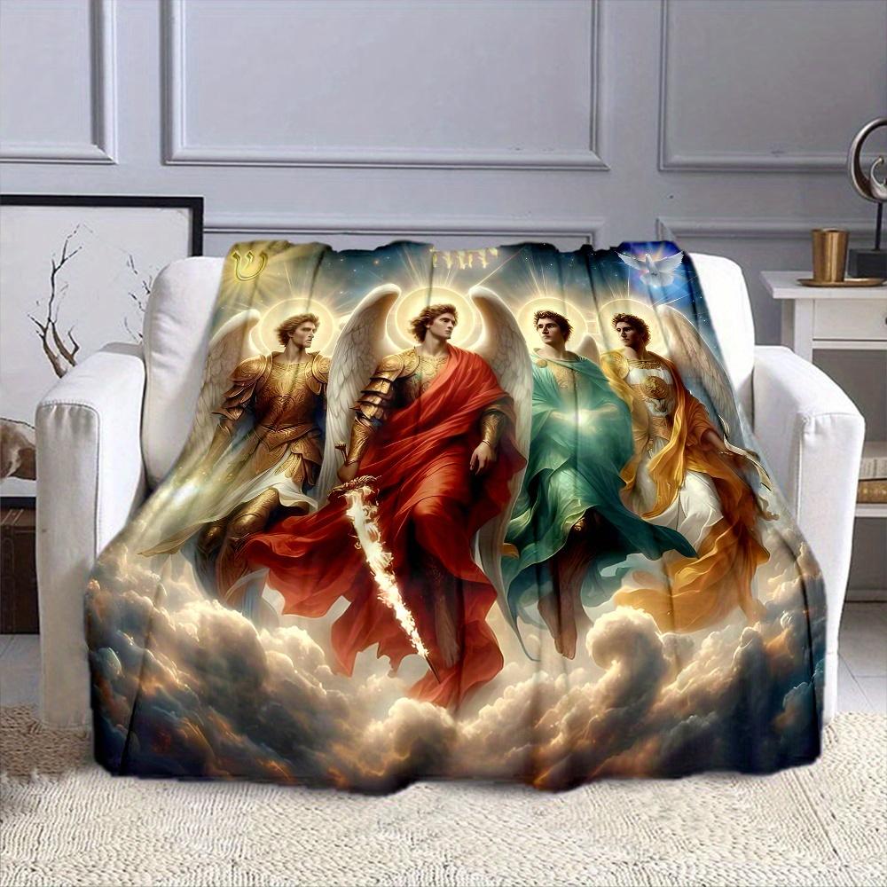 Heavy-Duty All-Season Flannel Blanket - Four Archangel Design Thickened Soft Velvet-like Throw for Bed, Sofa, Camping, Travel