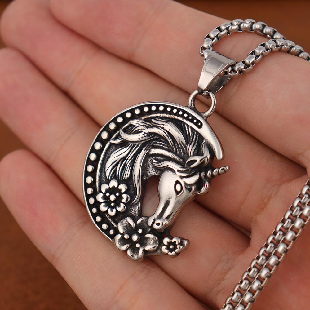 Fashion Charm Moon Unicorn Pendant Popular Stainless Steel Horse Head Necklaces For Men Women Amulet Jewelry Gifts