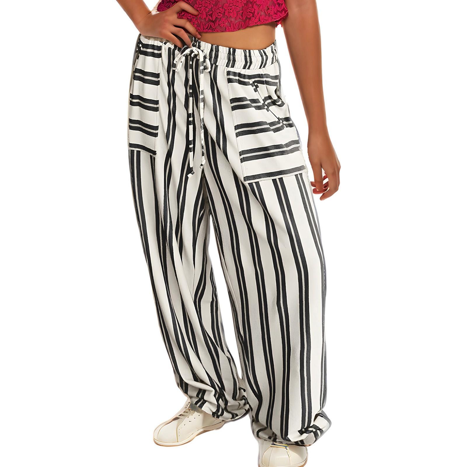 Womens Wide Leg Striped Pants Loose Fit Drawstring Comfy High Waist Striped  Pants With Pockets M