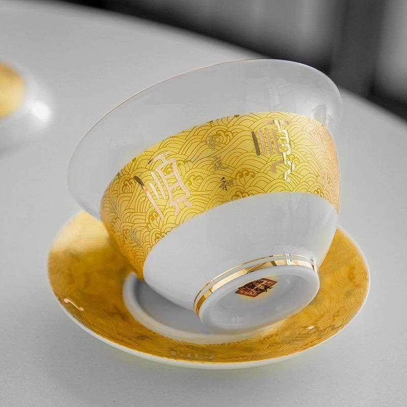 Jadekeramik mit Emaillefarbe, Palaststil, Haushalts- und Büro-Teeset, Große Drei-Talente-Gaiwan