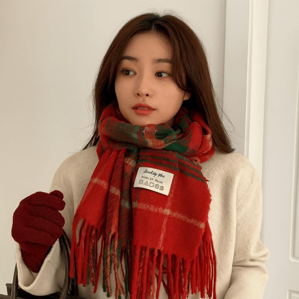 Sweet Winter Knitted Scarves New Year Red Long Shawl Warm Plaid Wool Scarf  Student