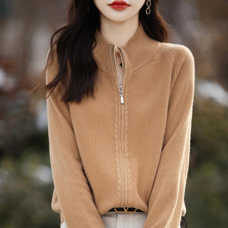 Autumn And Winter New 100 Wool Cardigan Women'S Semi-Turtleneck Zipper Sweater Jacket Wool Knitted Bottoming Shirt Top