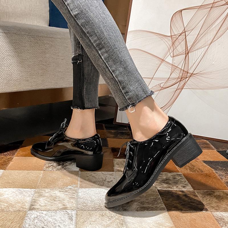 Women's Black British-Style Genuine Leather High Heels - Soft Sole, 2025 Autumn Collection