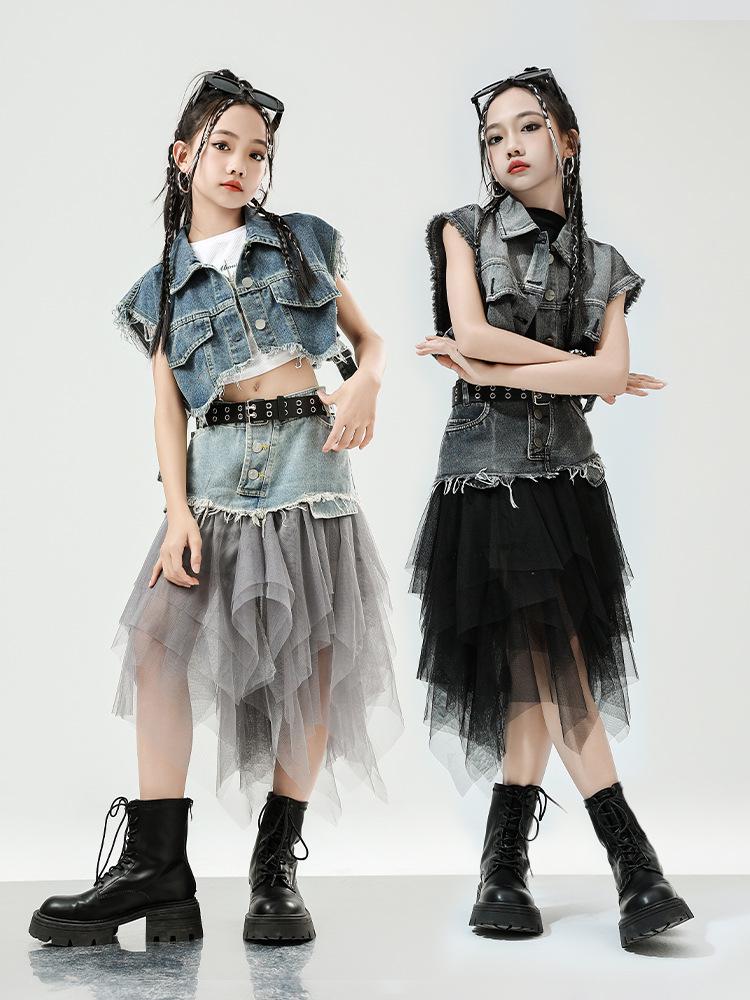 Mädchen Jazz Dance Hip Hop Denim Performance Outfit - Trendiges Kinder Laufsteg Set