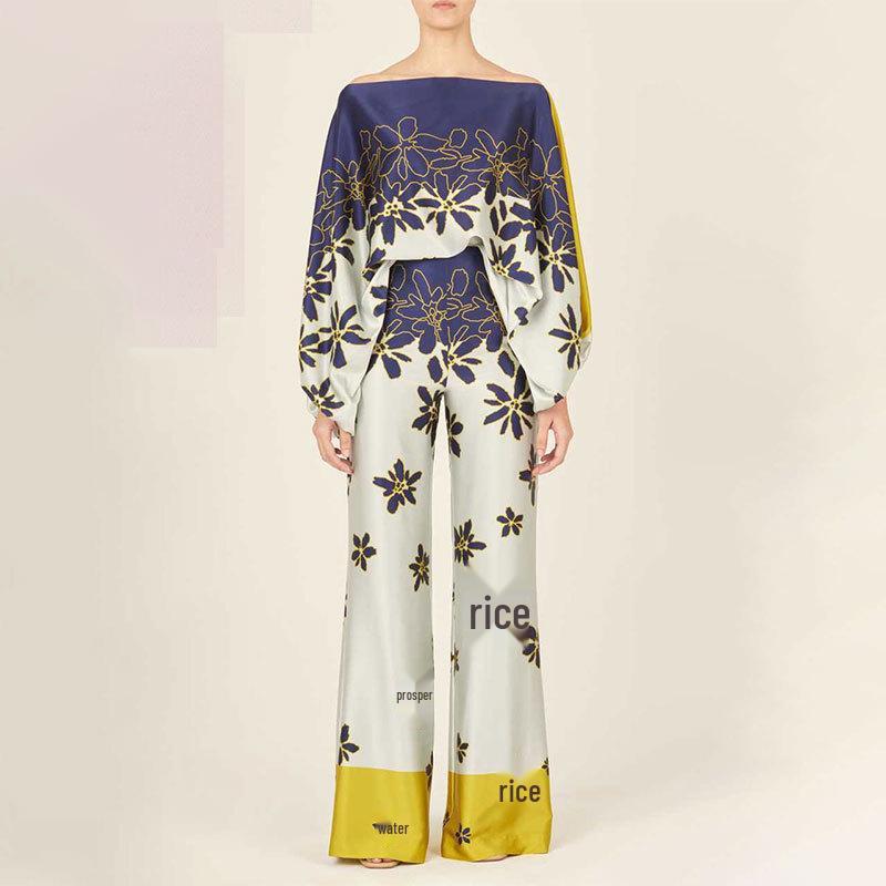 European & American Women's Print Top & Wide-Leg Pants Set with Batwing Sleeves