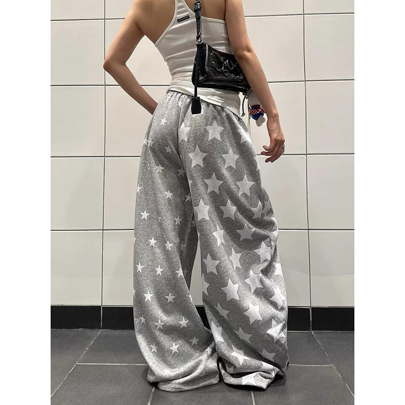 Retro Y2k Star Printed Sports Pants Women Autumn Winter High Street Hip-hop Loose Casual Gray Wide Leg Pants