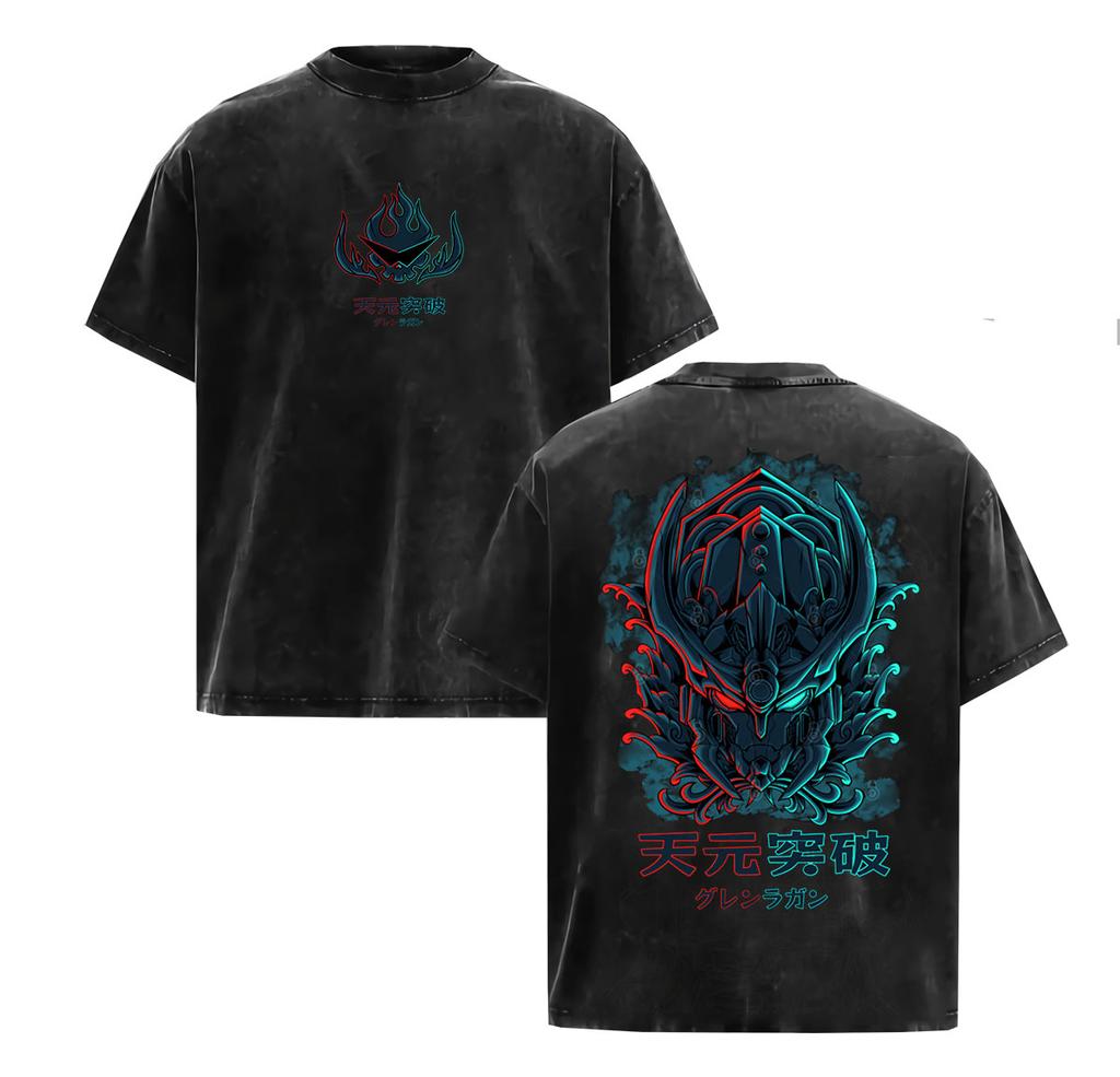 Vintage Washed Anime Tengen Toppa Gurren Lagann Graphic T Shirt Unisexs Oversized Harajuku Fashion Short Sleeve Tshirt Streetwear