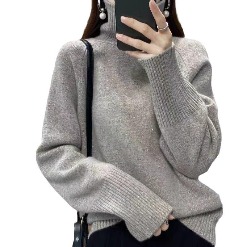Loose sequined turtleneck thickened casual solid color sweater women's winter new base two lapel knitting