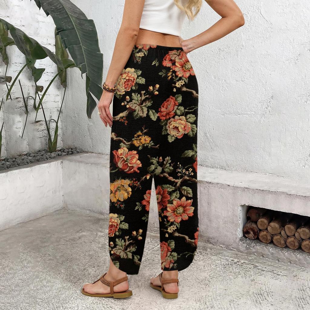 Women's Casual Straight Leg Wide Leg Drawstring Print Pants
