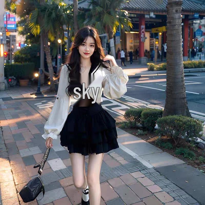 Korejský preppy mašle námořnický top s dlouhým rukávem a midi sukně s vysokým pasem set