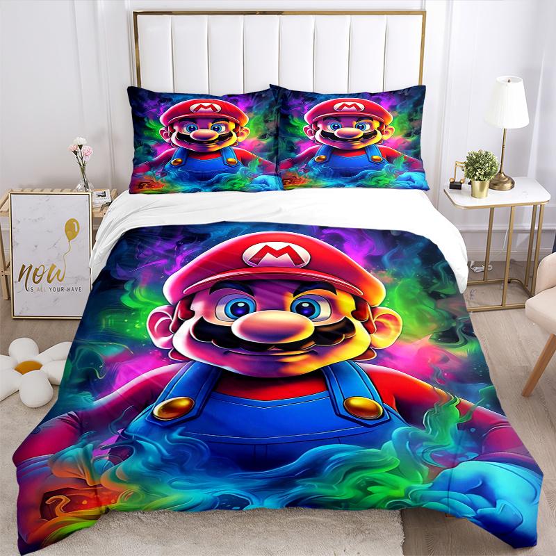 3pcs Colorful Super Mario Bedding Set - Includes 1 Quilt Cover and 2 Pillowcases, Comfortable Bedding with Stylish Design for Bedroom, Machi