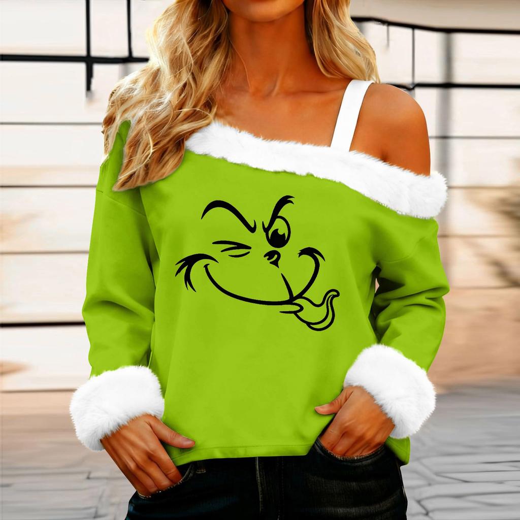 Women's Casual Fashion Sexy Off-Shoulder Collar Christmas Pattern Long Sleeve Crewneck T-Shirt Top