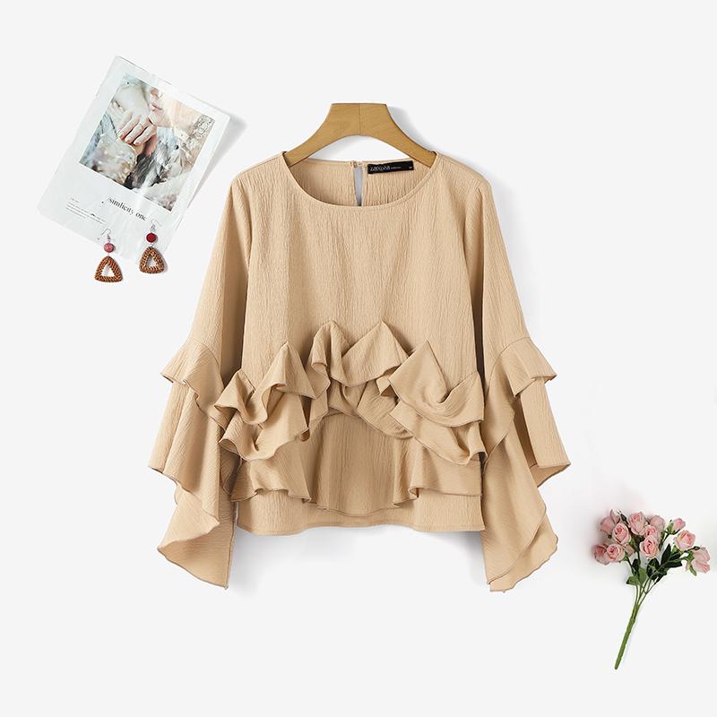 

ZANZEA Женская повседневная блузка с круглым вырезом, длинным рукавом, оборками и вставками, свободного кроя 5XL хаки