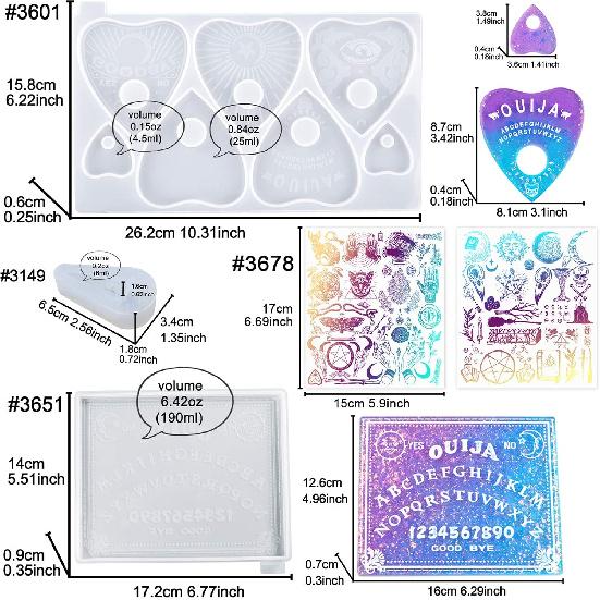 Spirit Board Planchette Epoxy Resin Silicone Molds Raven Skull Pendant, Holographic Transparent Films, Gothic Jewelry Casting Supplies 5-Count