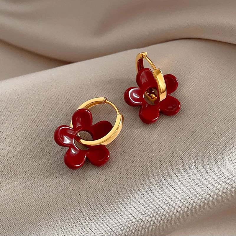 Vintage Red Glazed Flower Hoop Earrings for Women Girls 2024 New Trendy Design Petal Temperament Earrings Zircon