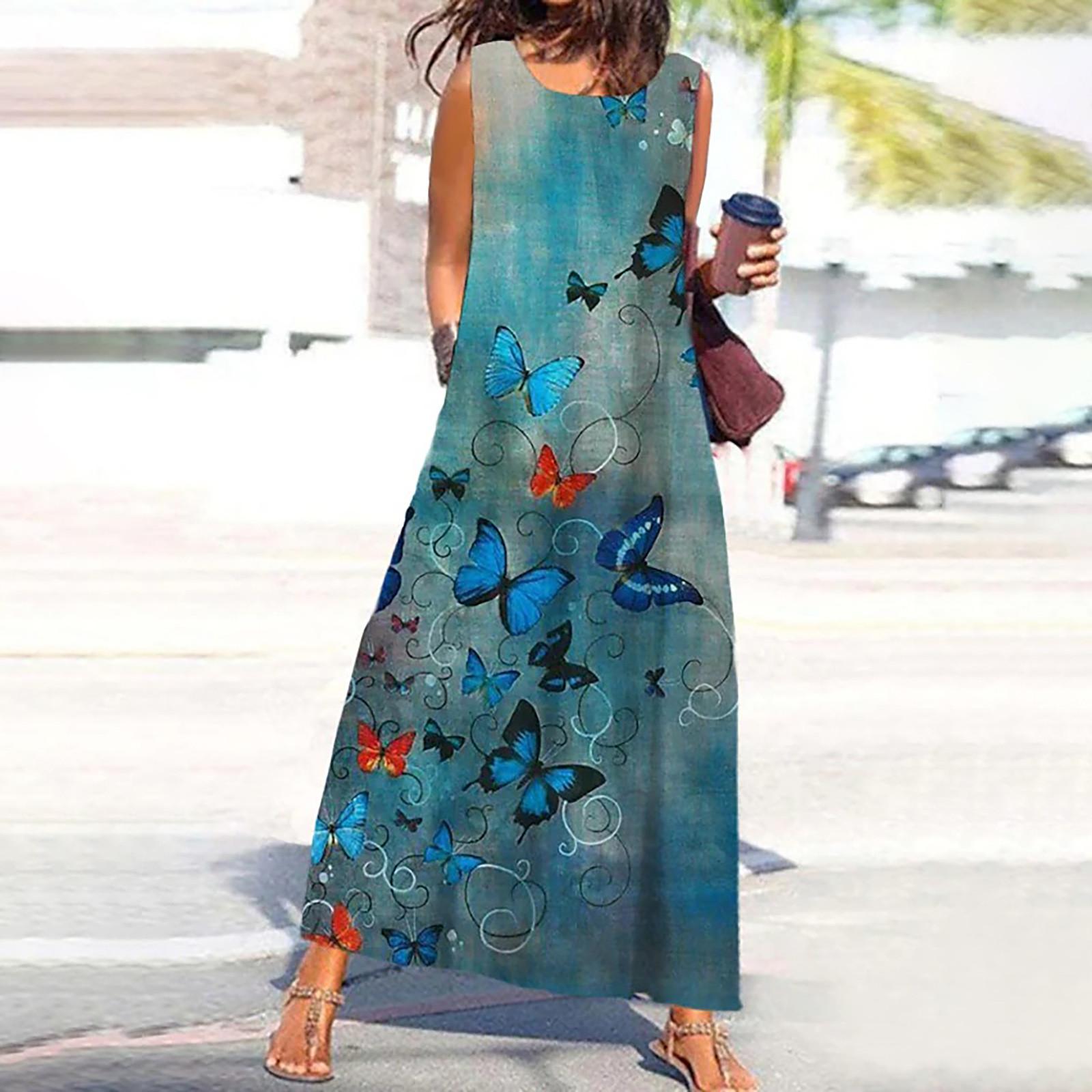 

Женское повседневное платье макси без рукавов с круглым вырезом и принтом, лето 2022 XXXL синий