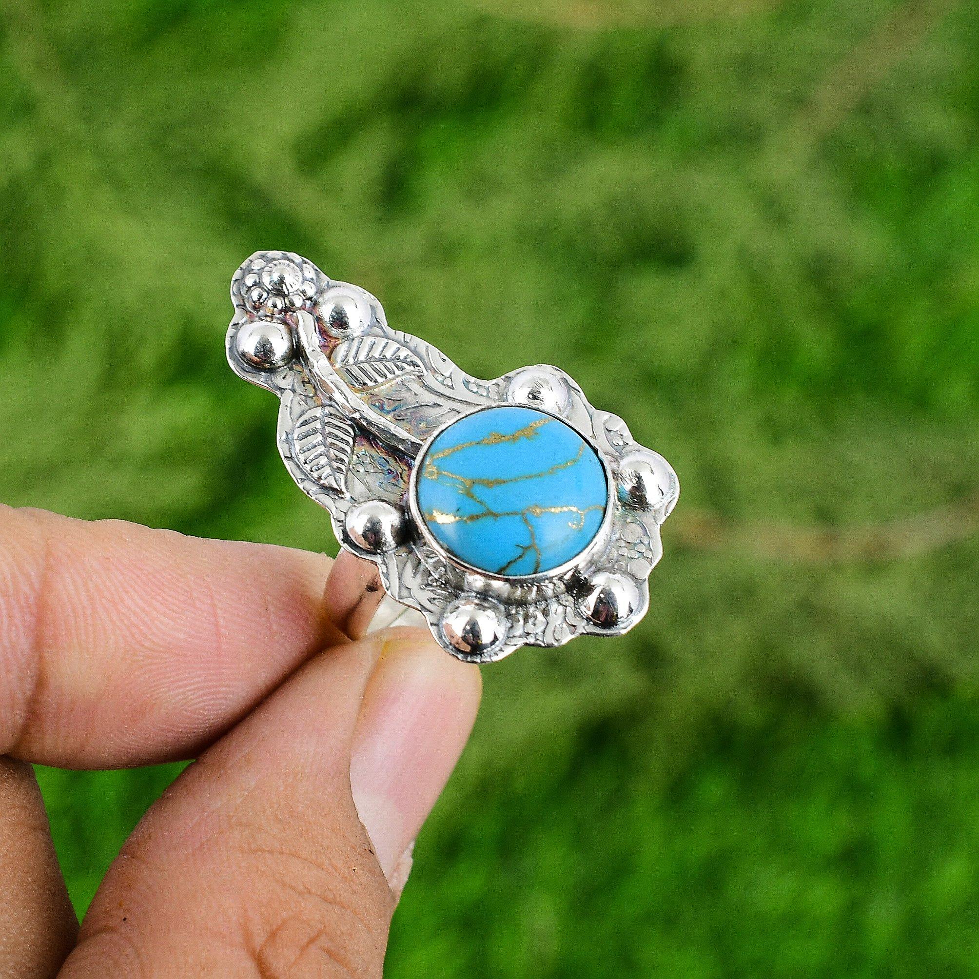 

Медь Аризонская бирюза Камень Заявление Цветок Обручальное кольцо Ювелирные изделия 925 Серебро Adjustable