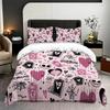 3-piece Halloween themed pink cute skull and heart-shaped pattern duvet cover set 1 duvet cover+2 pillowcases coreless