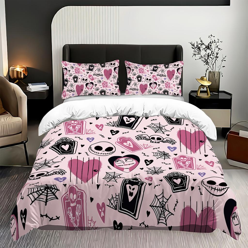 3-piece Halloween themed pink cute skull and heart-shaped pattern duvet cover set 1 duvet cover+2 pillowcases coreless