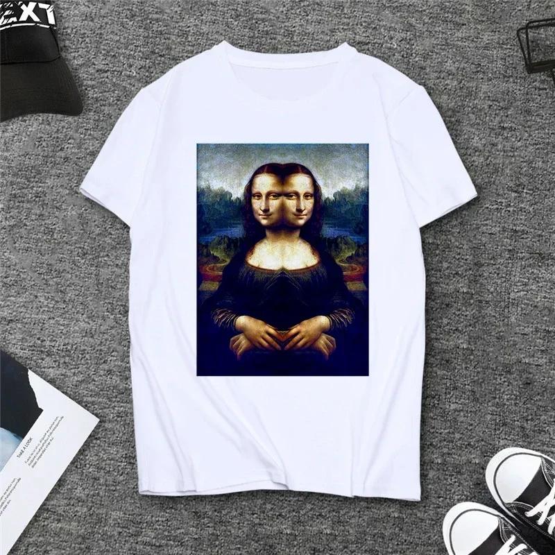 Verão Paródia Mona Lisa Bebendo Cerveja Estampa Camisetas Mulheres Estética Engraçado Casual Mangas Curtas Tops Feminino Mangas Harajuku